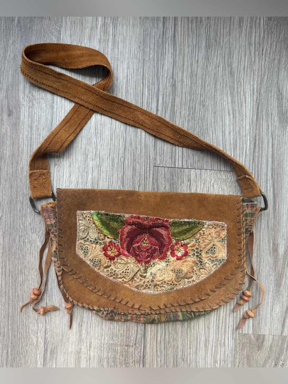 Tan Suede Whipstitch Boho Crossbody Bag Embroidered Floral Retro Festival 70s
